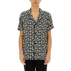BALMAIN Men's Geometric Pattern Short Sleeve Camp Collar Shirt Men BLACK Shirts